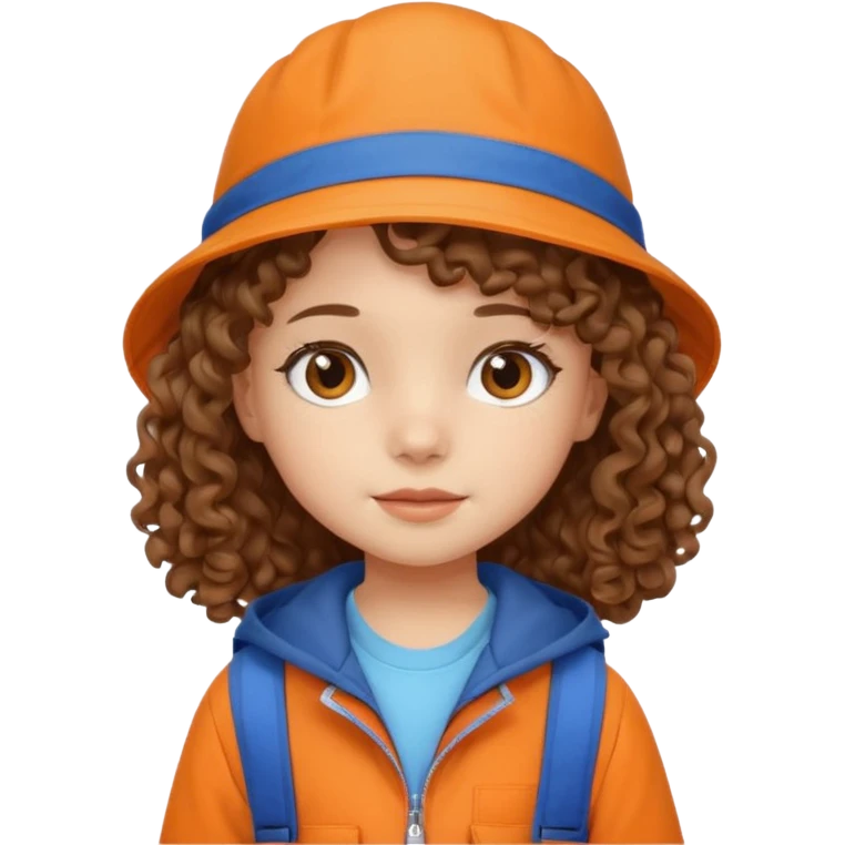 A little girl student curly brown hair, with beige bucket hat, orange jacket, blue backpack emoji