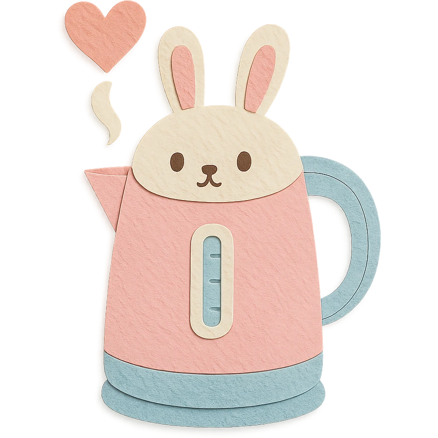 pastel white and pink electric kettle shaped like a shy bunny, heart-shaped steam, full-body emoji