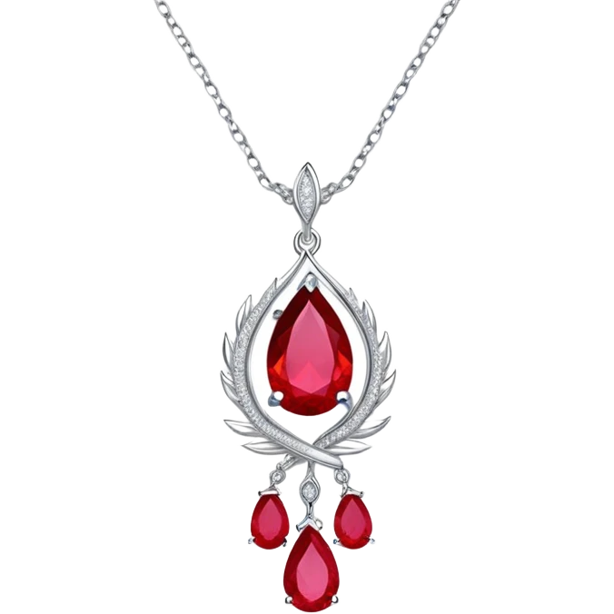 teardrop ruby pendant with fiery light, tiny phoenix feather emerging, haloed by shimmering white stones, and a silver chain emoji