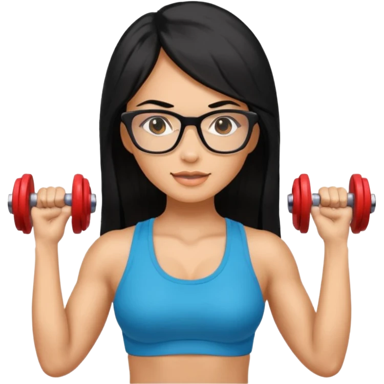 Mujer fitness usando mancuernas con lentes y cabello largo negro emoji