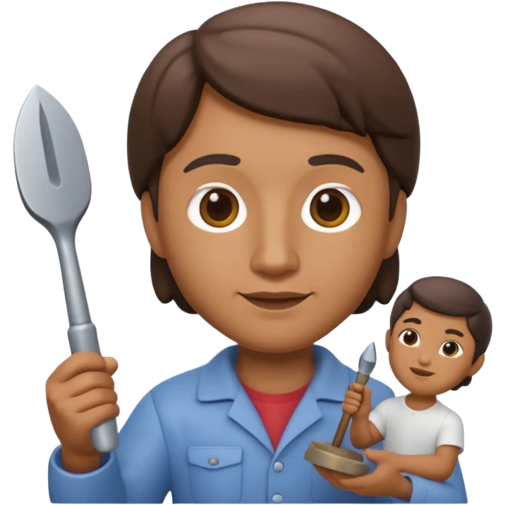 Apple Memoji-style 3D emoji of a sculptor with a small statue and chisel, smooth gradients, rounded edges, no background. emoji