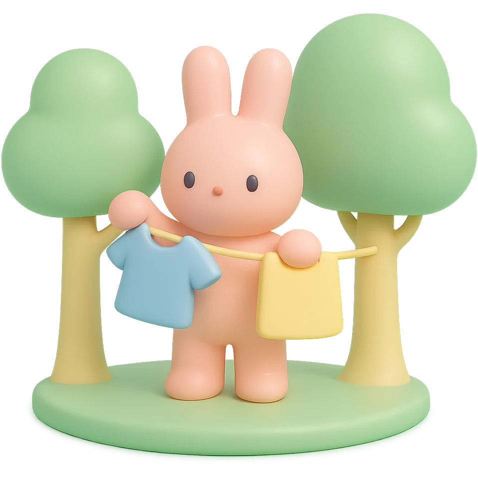 bunny hanging laundry between trees, calming domestic forest feel emoji