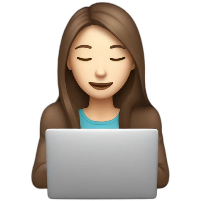 smiling woman with middle brown straight long hair and pale skin eyes closed behind a laptop sipping coffee from a mug emoji