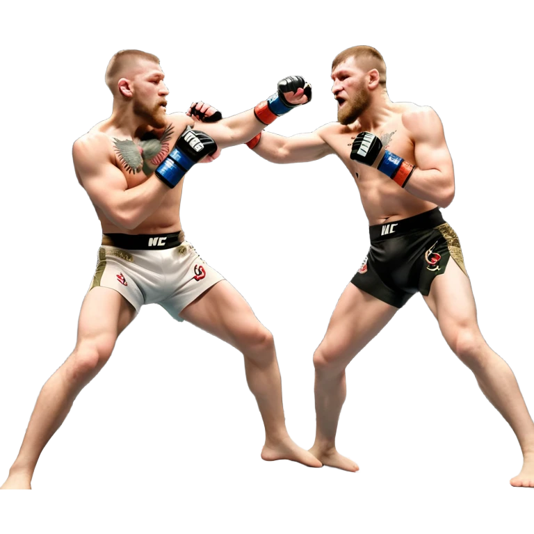 Iconic MMA match between Conor McGregor and Khabib Nurmagomedov in the octagon. McGregor throws a powerful punch while Khabib counters with a takedown attempt. The crowd roars in the background as the fighters showcase their intense rivalry. Transparent background captures the high-stakes fight emoji