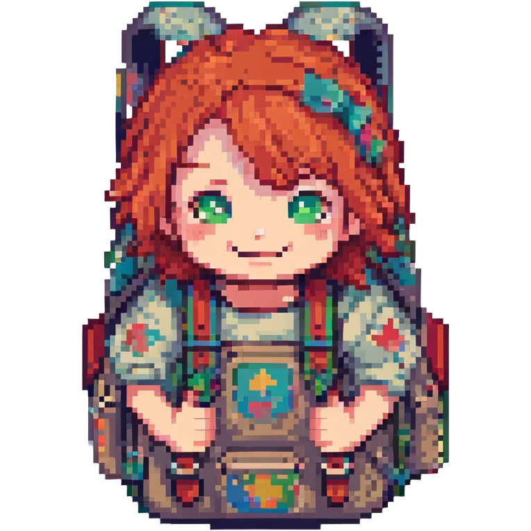 pixel art character with red hair, mischievous smile, small backpack emoji