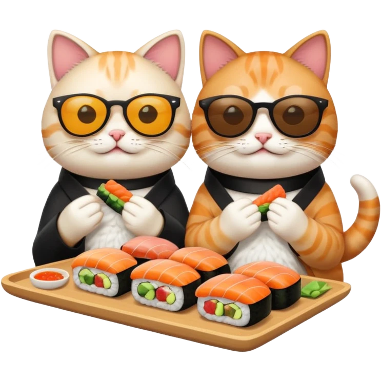 two cats with shades, enjoying sushi, emoji style emoji