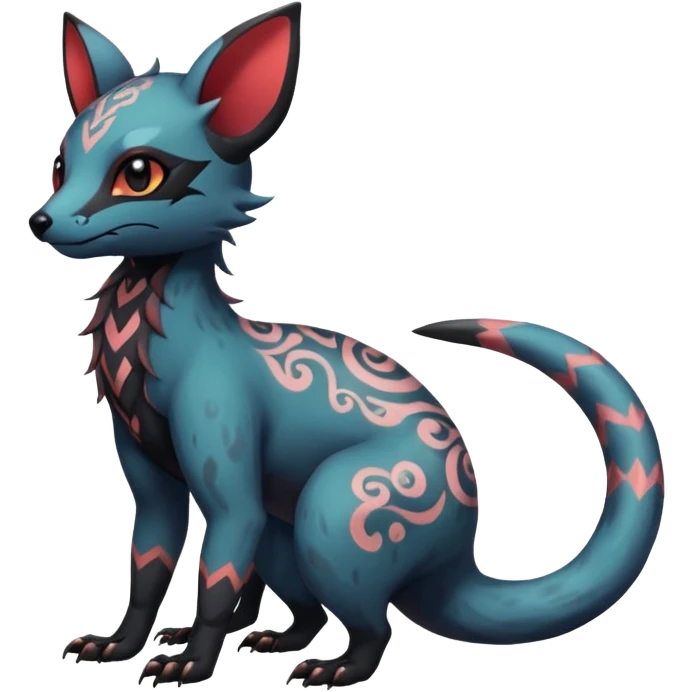 Rare warm-colored exotic cute epic aesthetic gothic colorful Salandit-Eevee-Civet-species-Fakemon-hybrid-creature, with intricate tattoo markings, full body emoji