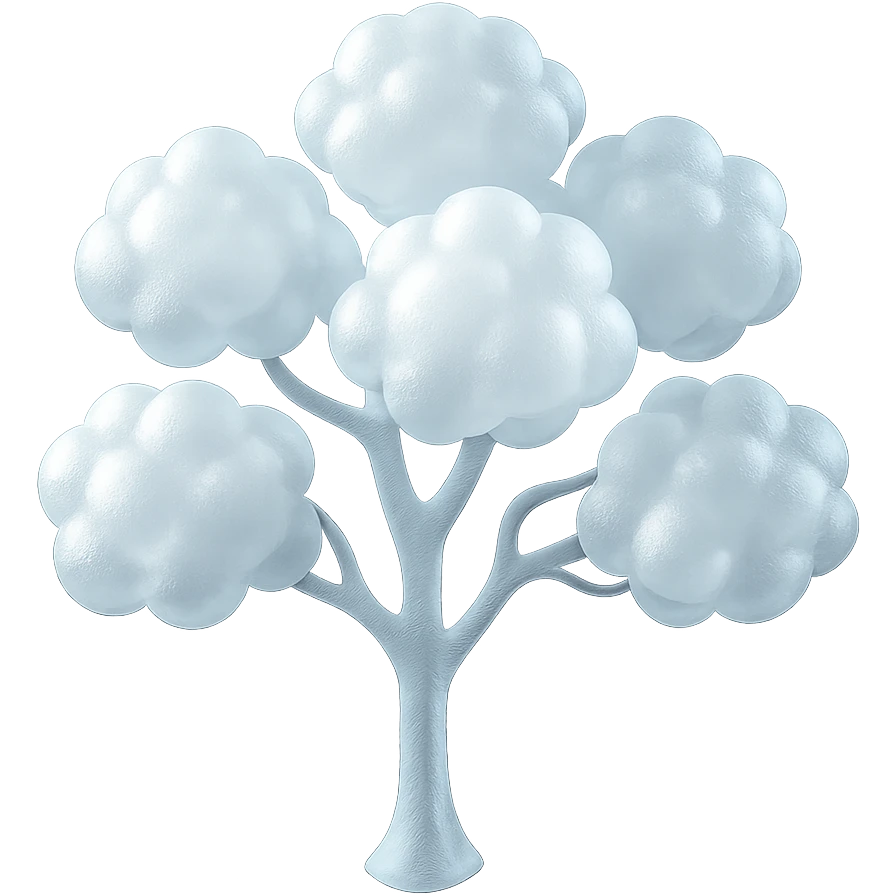 one tree with many branches and a white trunk, crown made of small very bright white fluffy convex clouds, matte glass style emoji