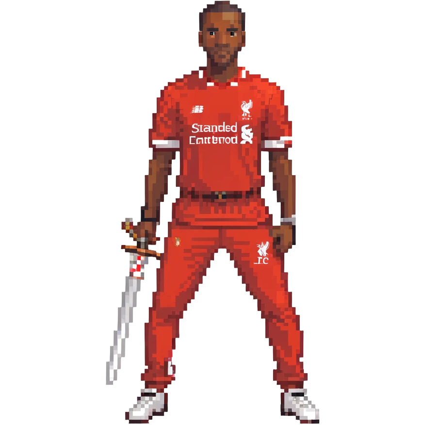 A black man holding a sword, wearing a Liverpool FC shirt and trousers emoji