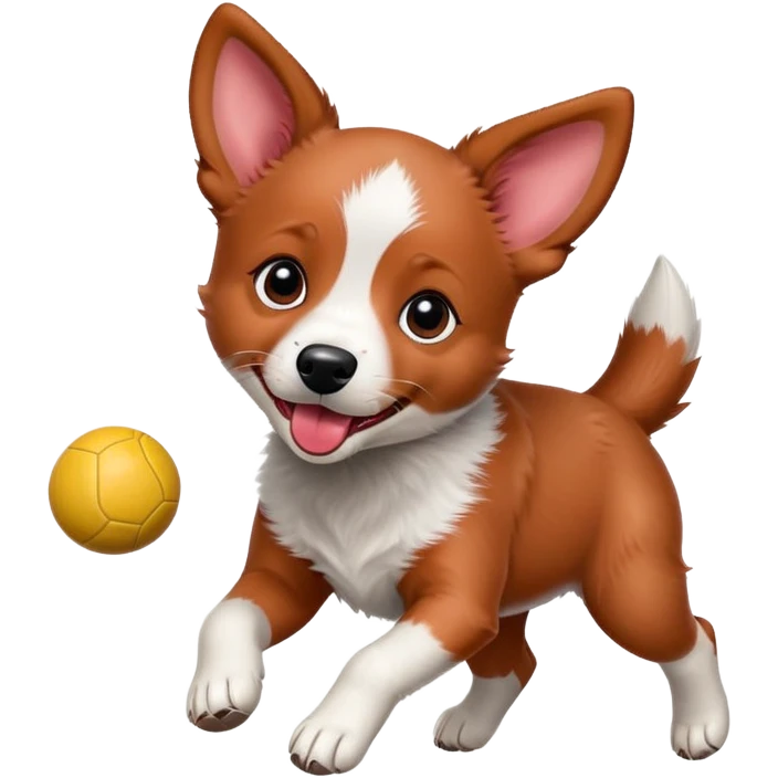 Playful red heeler puppy with tongue out, running with a ball emoji