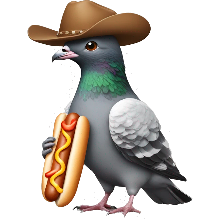 a pigeon with human arms eating a hot dog  and wearing a cowboy hat  emoji