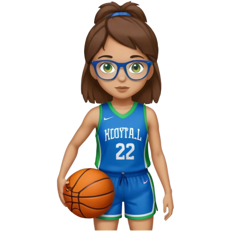 Full Body white plus size Girl with basketball spikey short brown HAIR wearing blue glasses with green eyes wearing blue and green basketball uniform PLAIN emoji