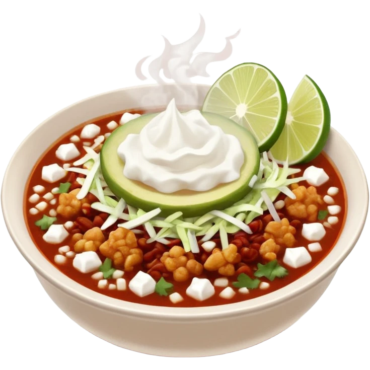 A delicious hot bowl of pozole rojo emoji. Steam rising. Hominy visible. Place the sides next to the bowl: chopped onions, shredded cabbage, lime wedges, red chile de arbol salsa, and full round tostadas with a light smear of sour cream emoji