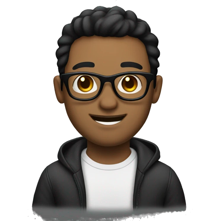 Man who is 30 years old and smilling. He is straight black hair and black eyes and wear black glasses. He has a White skin and a bearb and a moustaph emoji