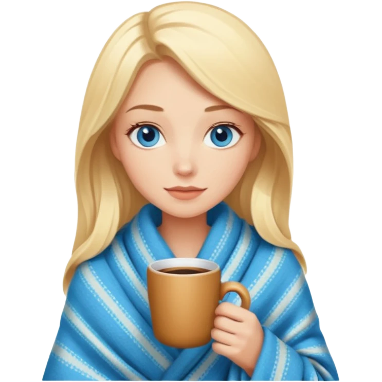 Blonde with blue eyes wrapped up in a cozy blanket with a hot coffee emoji