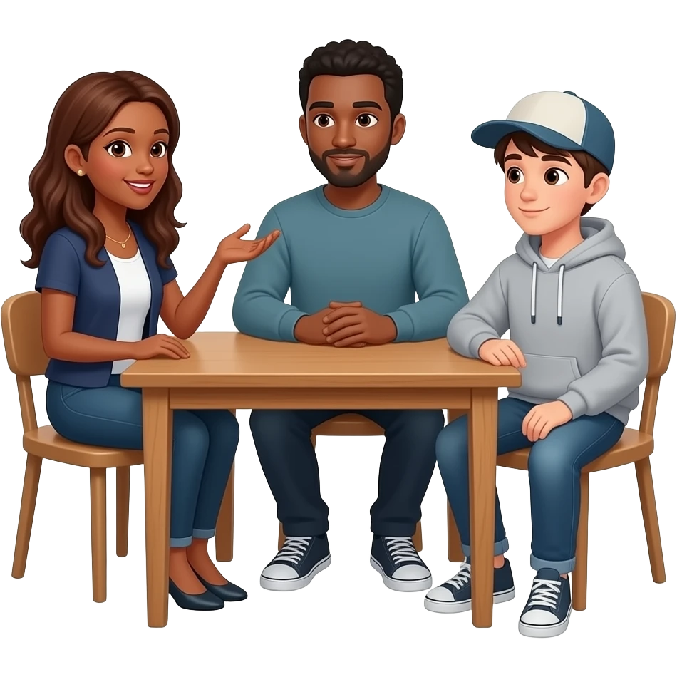 Adult woman with brown skin and brown hair talking to adult man with brown skin and dark hair, sitting at a table next to a teenager wearing a cap and a large sweatshirt emoji