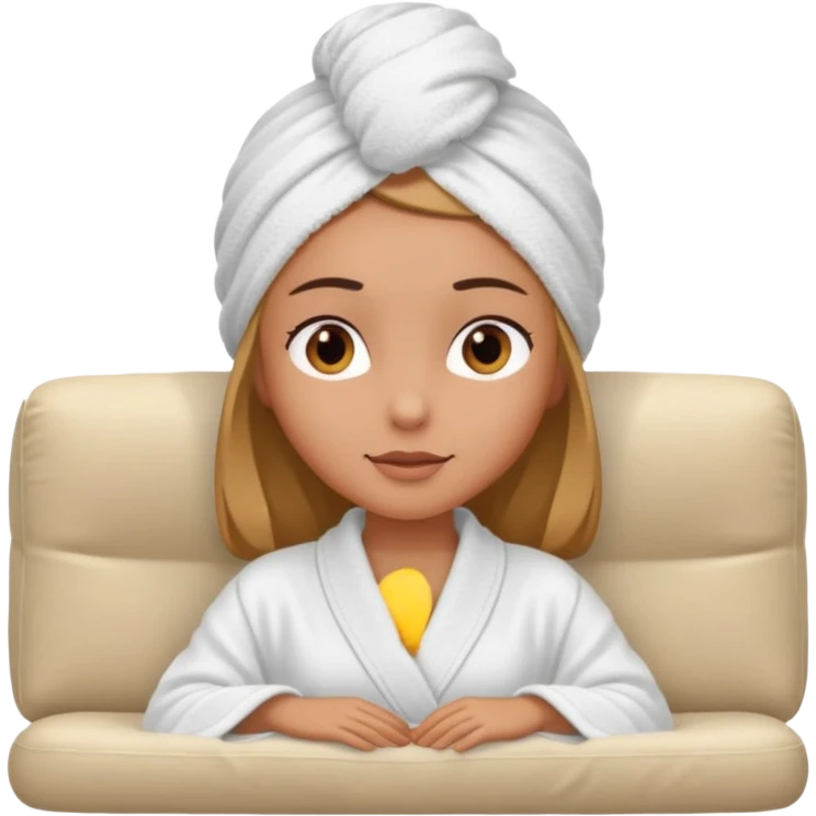 spa A contented and relaxed girl with a towel on her head in a white robe lies on a couch. The icon displays the couch and the girl in full three-quarter view. emoji