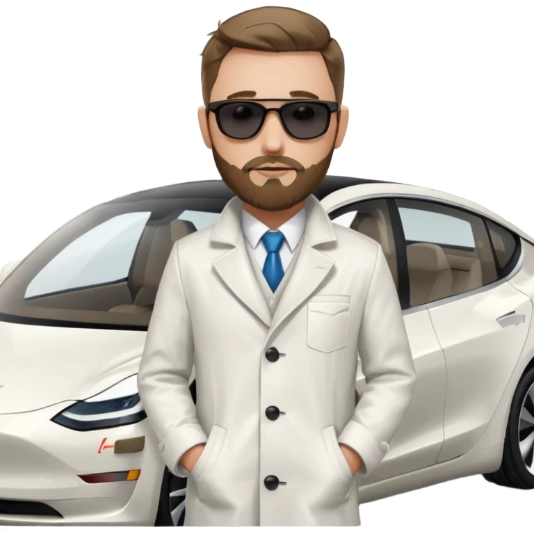 White tesla model 3 with one cool physician with dark blond hair, beard and dark sunglasses next to it emoji
