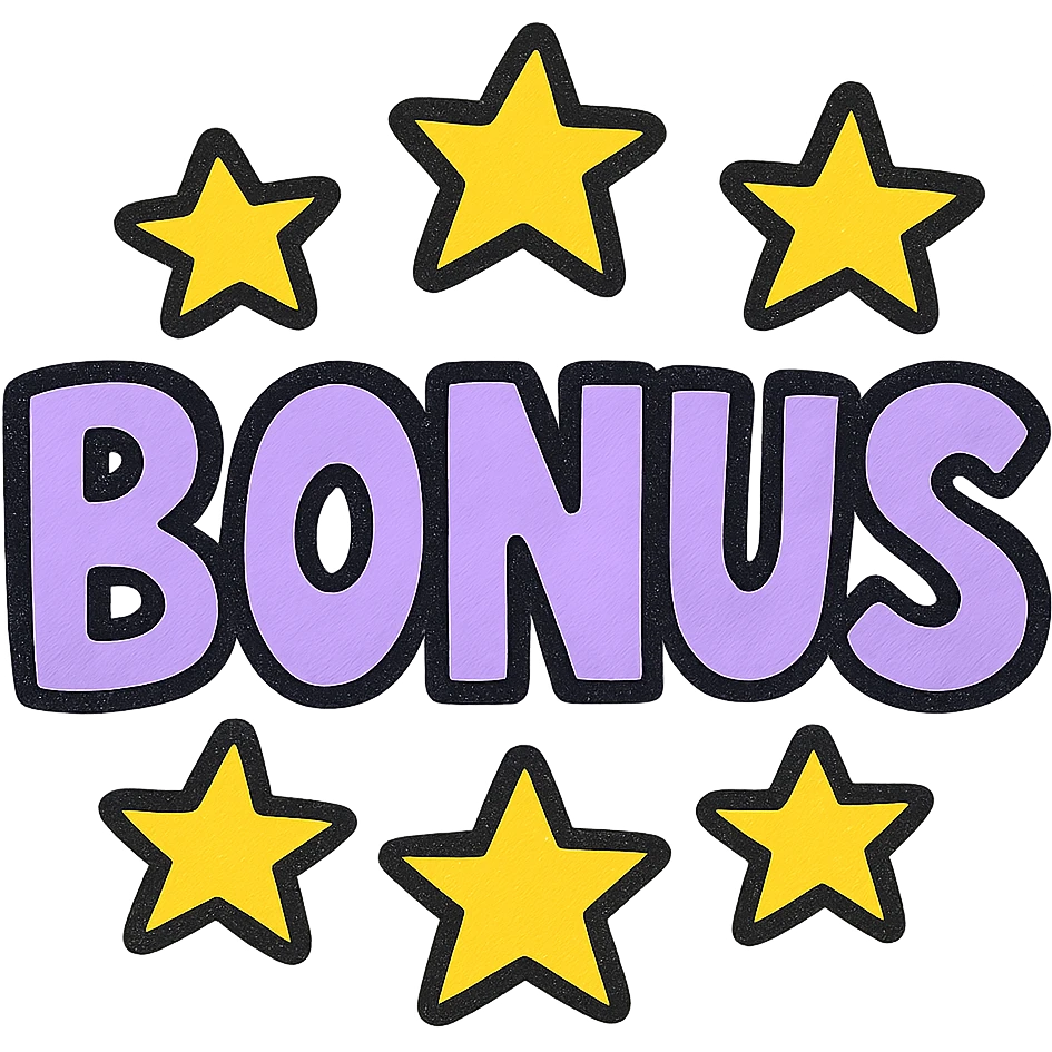 the word BONUS in large letters, all the same vibrant color, surrounded by stars, no background or sign behind, just the letters and stars, vibrant cartoon style QUIERO EXACTAMENTE IGUAL SOLO QUE LAS LETRAS DEBEN SER VIOLETA PASTEL Y LAS ESTRELLAS AMARILLAS emoji