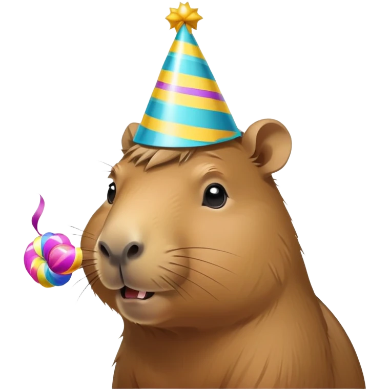 Capybara wearing a party hat and blowing a streamer emoji