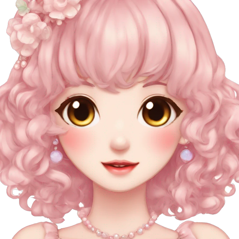 Gorgeous anime style lady with blushing face and accessories cottagecore fairycore Kawaii anime colorful pearly romantic aesthetic trending style emoji
