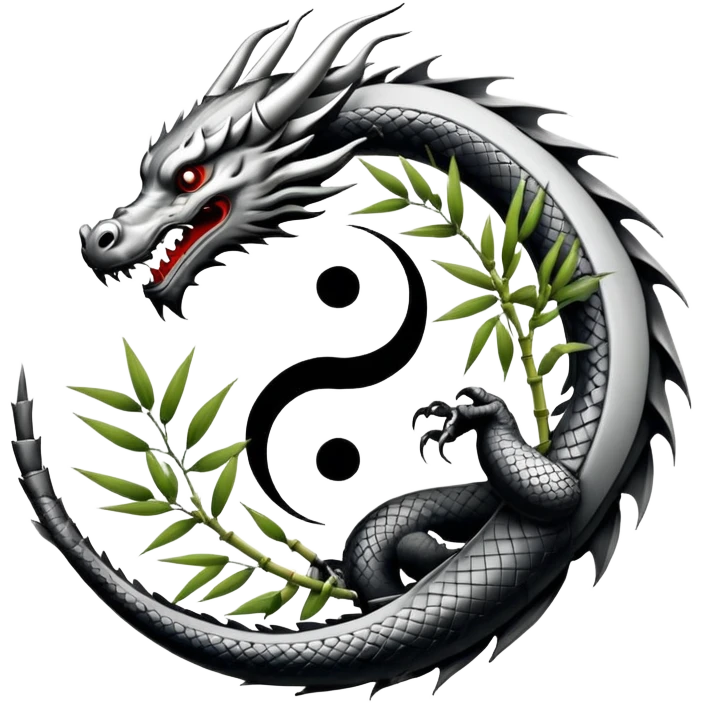 An icon symbolizing Eastern martial arts in the style of an emblem, with a black-and-white Yin-Yang symbol at the center. A dragon is placed on either side, representing strength and wisdom. The design includes bamboo and traditional elements. Transparent background emoji