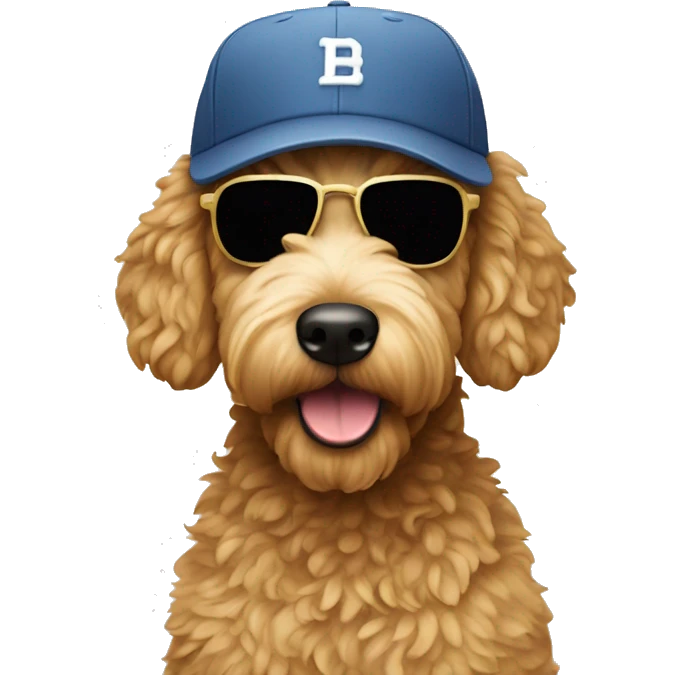 Golden doodle, wearing a baseball cap and sunglasses emoji