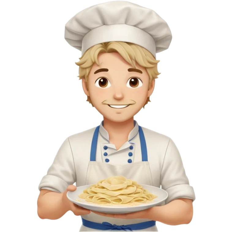Attractive chef boyfriend with messy apron, tousled hair, playful smile, holding a plate of pasta, flour on cheeks, romantic emoji