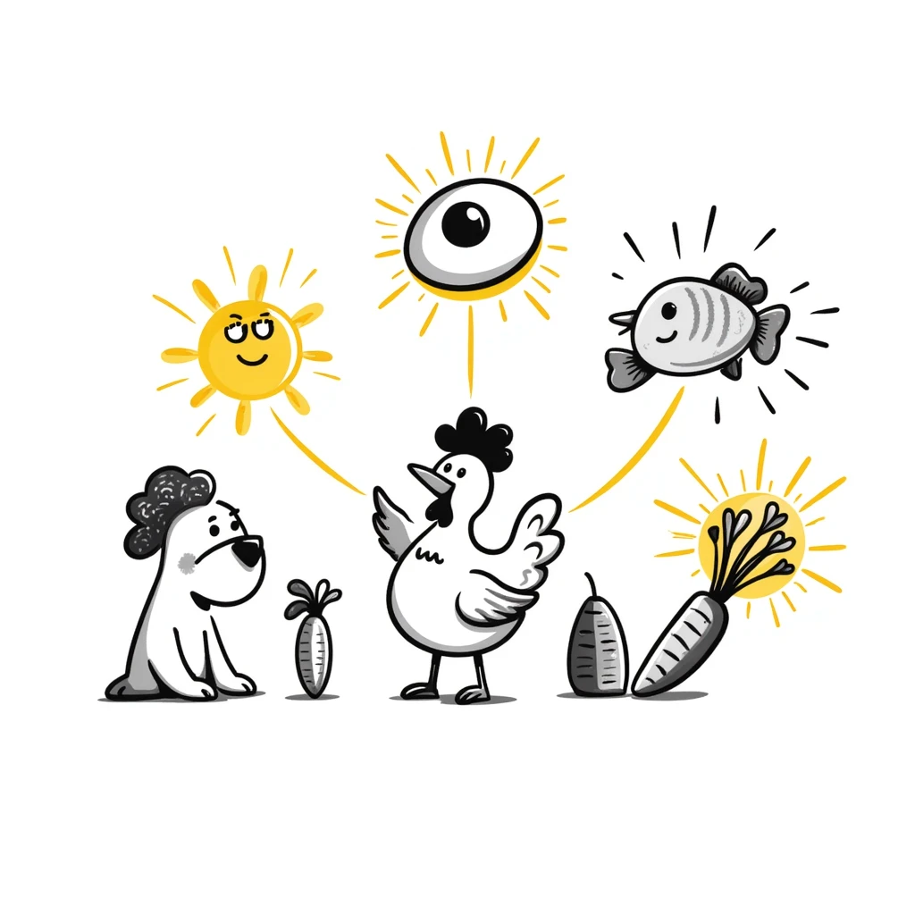 Ethereal magical image of glowing chicken, luminous fish, and radiant carrots with golden beams connecting them to a healthy eye, glowing skin and a shimmering immune shield emoji