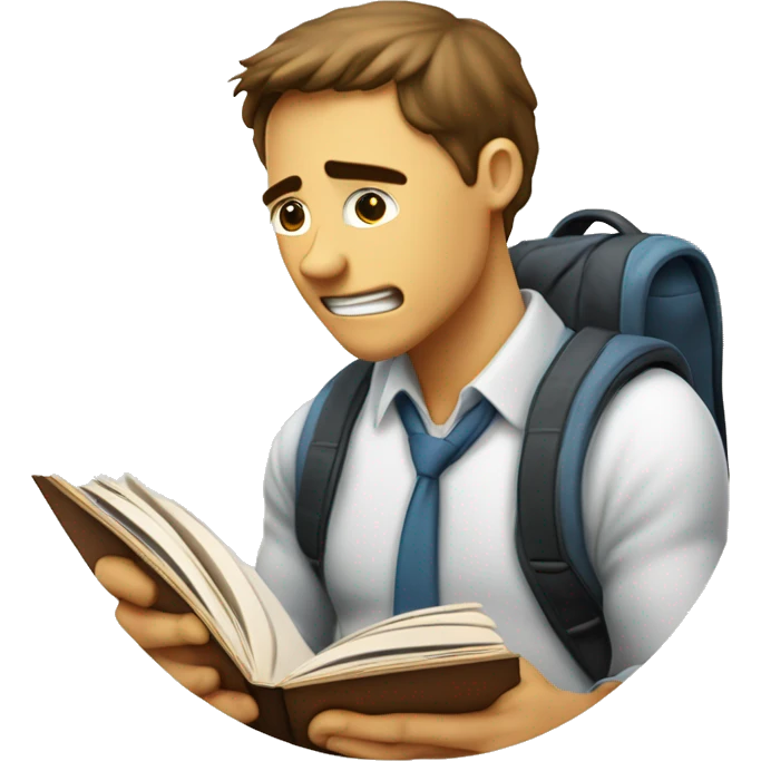 imagen estilizada de un estudiante triste y saltand sacando fotocopias con un libro en sus manos emoji