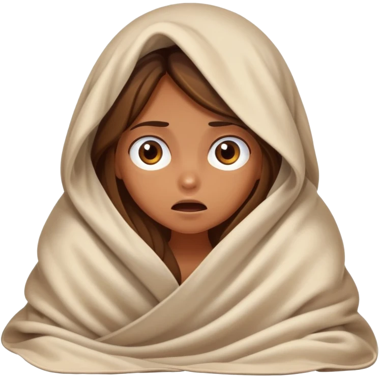 a tanned girl with brown long hair hid under the blanket in bed in fear emoji