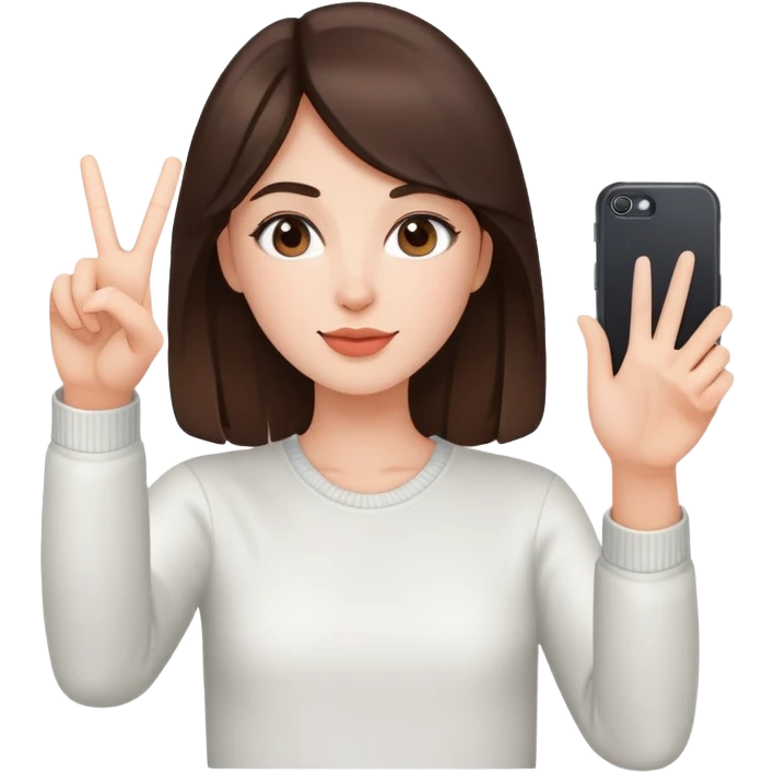 Brunette girl making peace sign while taking selfie emoji