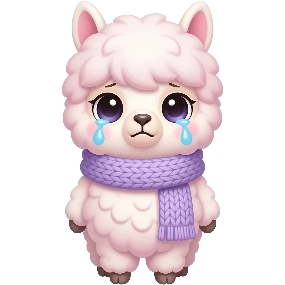 Cute chibi alpaca, soft fluffy pink-white wool, large sparkling watery eyes with tears, wearing a light purple knitted scarf, sad emotional expression, high quality anime style, cel-shaded, isolated on plain white background, sticker style, 4k, clean lines. emoji