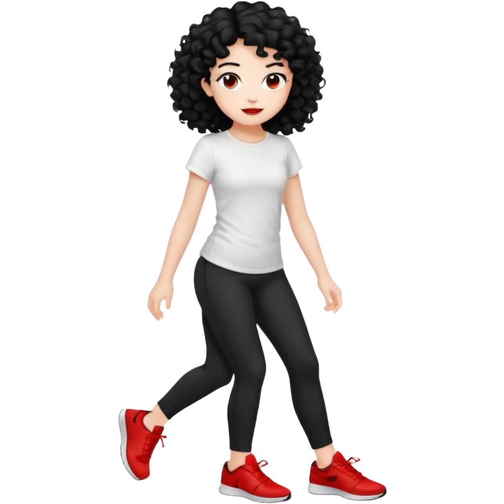 generate a pretty bratz fair skinned girl with curly black hair wearing a white tshirt trekking with red sneakers on and black leggings emoji