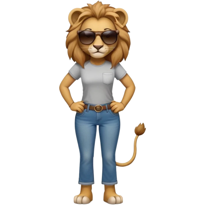 friendly anthropomorphised female lion character, full body, standing confidently with legs apart and hands on hips, wearing jeans, a t-shirt, and dark sunglasses, with a confident smile emoji