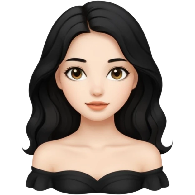A realistic 3D avatar of a young woman with a soft oval face, slim cheeks, natural almond eyes, long wavy black hair, minimal makeup, wearing a black off-shoulder top, elegant and aesthetic, not cartoonish. emoji