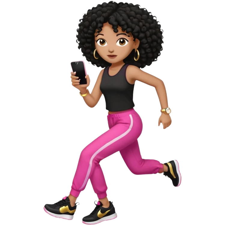 Black woman, adult, 4C black curly hair, dark brown eyes, wearing black top, pink pants, black sneakers, gold hoop earrings, iPhone emoji style na corrida  emoji