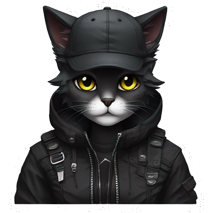 Edgy Beautiful Cool Anthro dark cat-fursona punk techwear and hat emoji