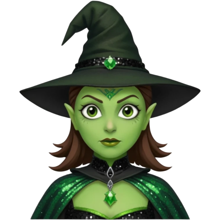 The Wicked Witch from Oz with green skin, brown hair, black sequin outfit emoji