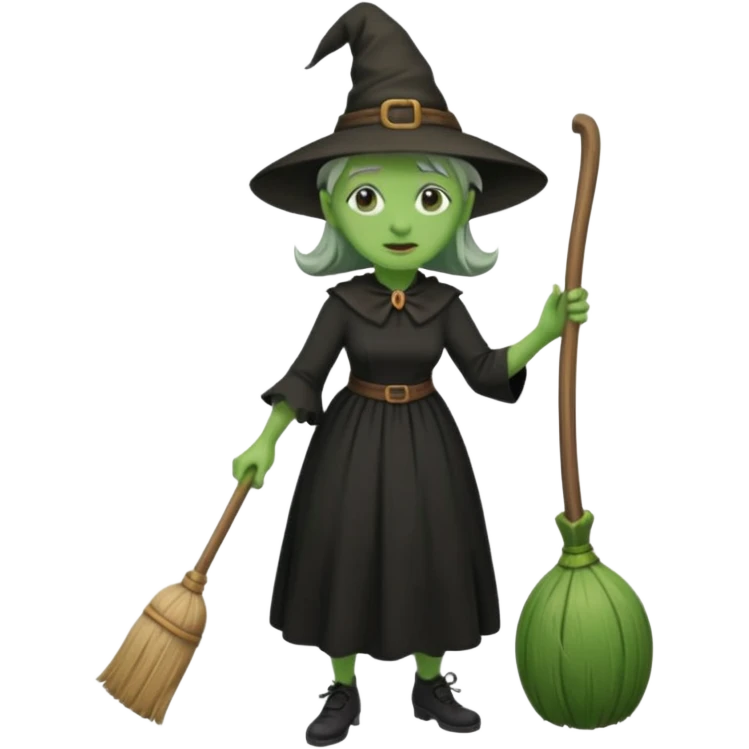 Old witch with green skin and a big nose waering a black dress and riding a broom emoji