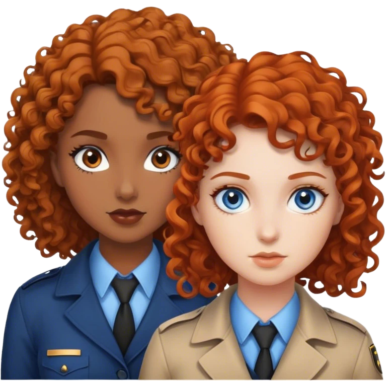 two girl detectives with curly hair, one with white skin brown hair and blue eyes, one brown skin orange hair and brown eyes emoji