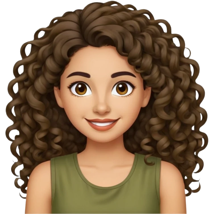 Mujer latina piel canela, mediana, cara redonda en forma de pera, cejas definidas, pelo muy largo rizado, peinado hacia atrás con bucles sueltos al frente. Sonrisa amplia, expresión alegre. Blusa verde olivo sin mangas emoji