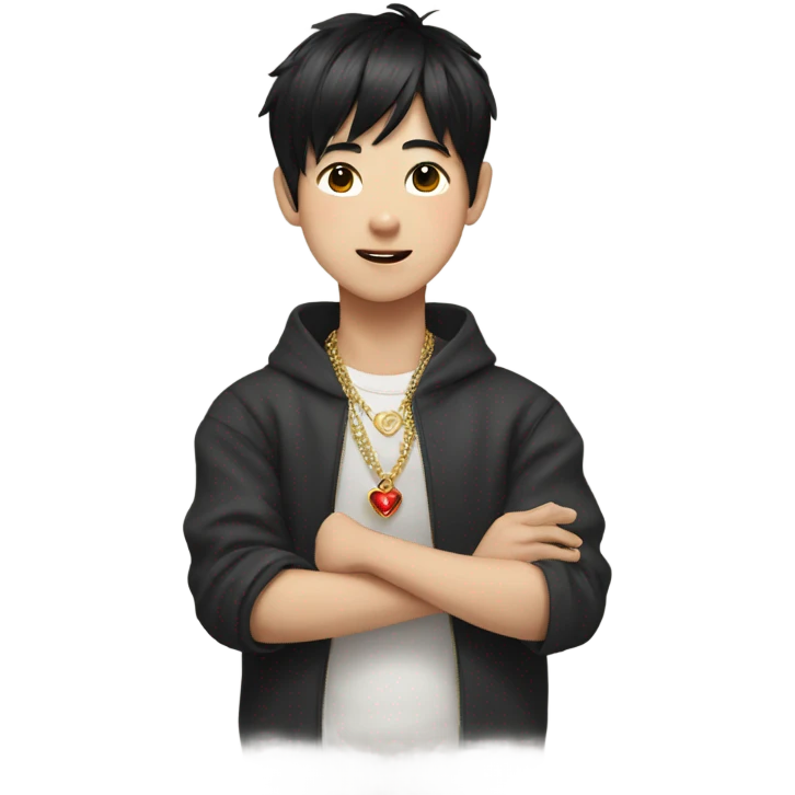 boy with black hair jewelry doing korean heart sign emoji