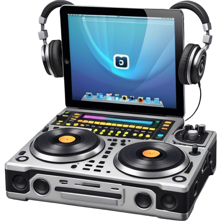 Create a professional and technical emoji that represents remixing music. The design should feature a high-end DJ controller, turntables with vinyl records, and a sound mixing console with faders to symbolize the technical aspects of remixing. Include elements like studio headphones and a laptop or digital audio workstation (DAW) screen to reflect the tools used in music production. Use colors like black, silver, and neon accents to convey the professional, high-tech nature of remixing. The background should be transparent. emoji