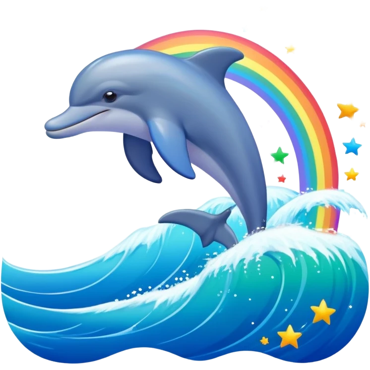 Dolphin riding a big ocean wave surrounded by stars and hearts and rainbows emoji
