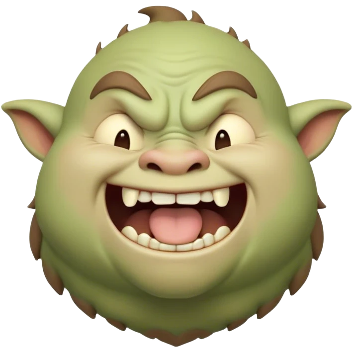 Cinematic Cute Yawning Ogre Portrait Emoji, with a surprisingly cuddly, rotund figure in soft earthy greens and browns, head tilted back in a big, gentle yawn exposing a set of comically oversized teeth, simplified yet irresistibly adorable, highly detailed with a soft glowing outline that captures the sleepy charm of a friendly ogre after a long day of gentle mischief! emoji