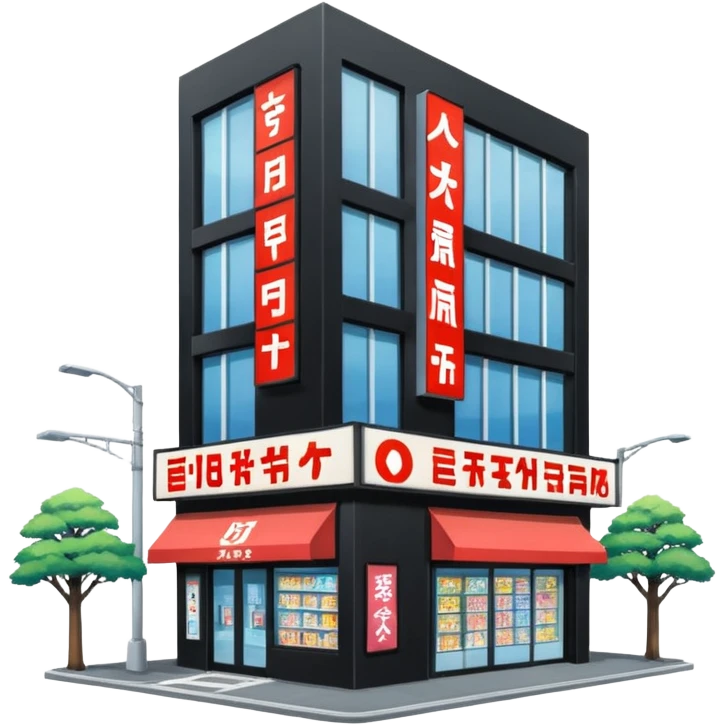 japanese anime store in modern style like in Akihabara with "anime" in japanese on a building emoji
