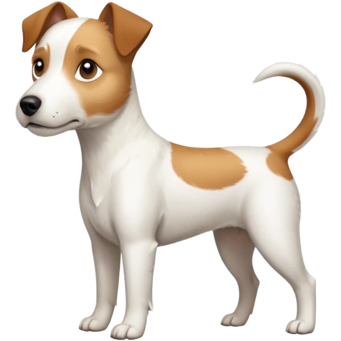 a full body white parson russell looking dog the size of a kelpie with light brown ears and a light brown patch on one eye and a large snout emoji