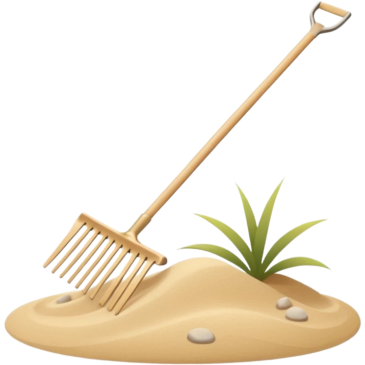 Minimalist emoji of a Japanese zen garden rake with four teeth, elegant thin lines, light wood tone, sand-beige palette, flat vector style, calm and balanced aesthetic, zen-inspired, transparent background, premium minimal design emoji