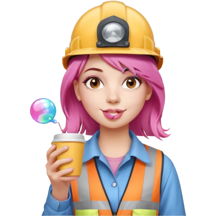 сделай молодую девушку с розовыми волосами, накрашенную красиво, с стаканчиком кофе, в каске, надувающую пузырь из жвачки emoji